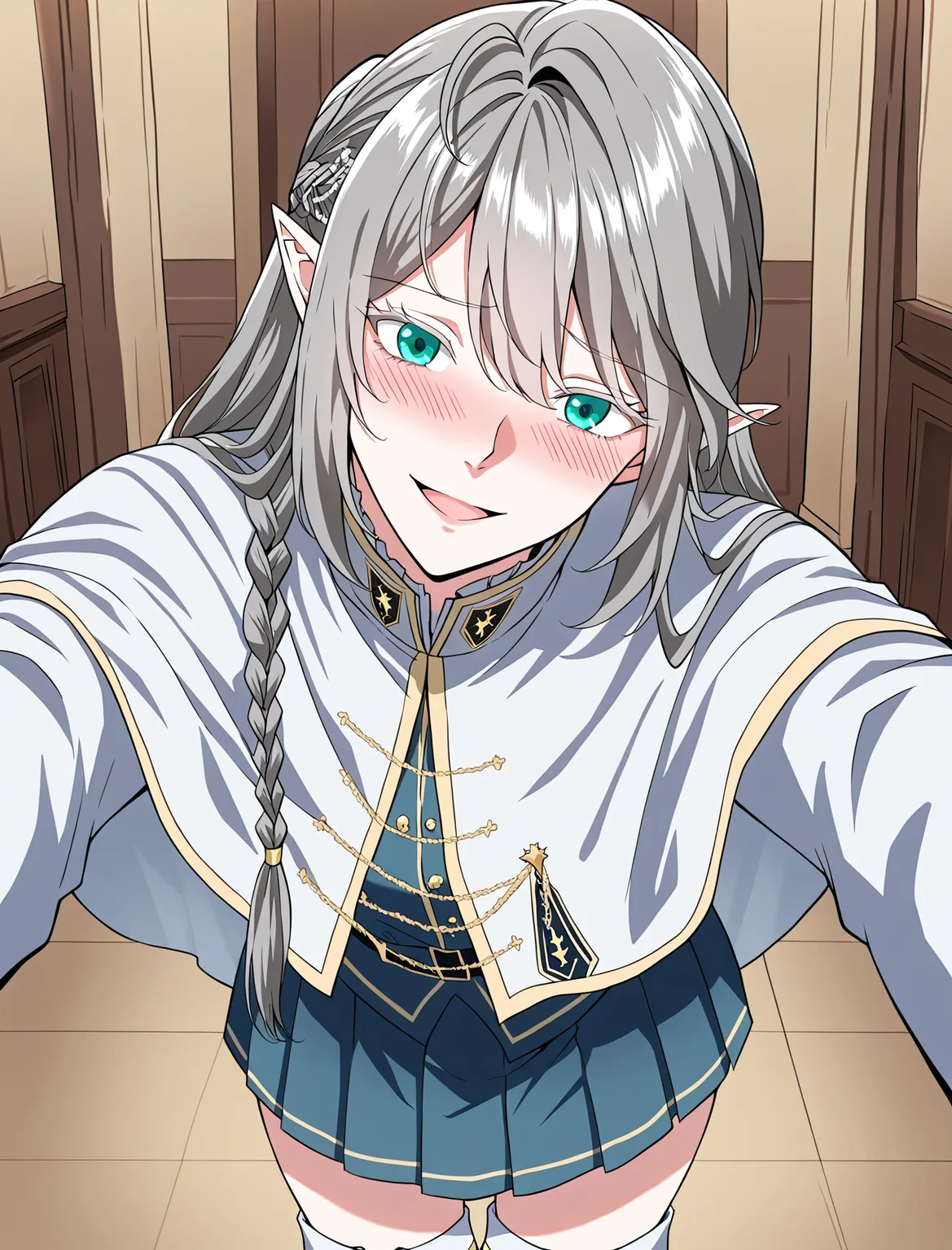 <lora:Tessia_Eralith__The_Beginning_After_the_End__Illustrious_v1-000008:1>
1 girl, solo, elf, pointy ears, aqua eyes, grey hair, braid, side braid, french braid, hair bettween eyes, bangs, long hair, ahoge, uniform, white capelet, white shirt, long sleeves, blue skirt, thigh boots, hair ornament, ring, jewelry
score_9, score_8_up, score_7_up, score_6_up, source_anime, rating_explicit, 1girl, solo, smile, embarrassed, alcalose eyes, open mouth, mansion, indoors, looking at viewer, outstretched arms, pov, close-up, (head tilt:1.2)