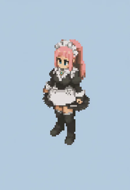 masterpiece, best quality, solo, 1girl, looking at viewer, <lora:FFT-Sprites-illus_Fp:1>, looking at viewer, from side, full body, standing, solid oval eyes, no mouth, no nose, pixel art, simple background, <lora:felicia-fe-richy-v1_ixl:1>, f1cdf, blue eyes, pink hair, long hair, ponytail, sidelocks, blunt bangs, maid headdress, black feathered collar, blue brooch, medium breasts, maid, juliet sleeves, maid apron, bridal gauntlets, black thighhighs, thighs