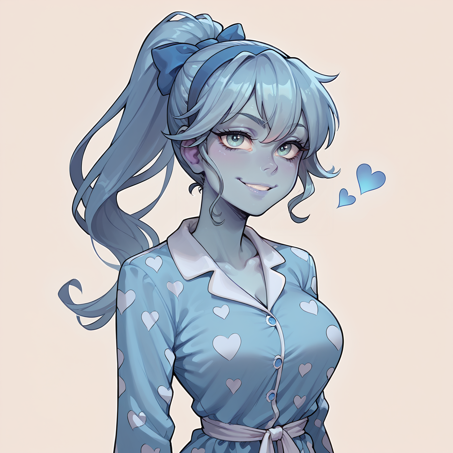 score_9, score_8_up, score_8, score_7_up,score_7, source_anime, rating_explicit, hires, (detailed,best quality:1.2),(<lora:Expressive_H:0.3>), (<lora:JGStyle:0.5>), (<lora:incase-ilff-v3-4:0.7>),1girl, solo (((skinny:1.3))), narrow waist, thin, petite,  <lora:pollygeist-guy-PONYv1:0.8> , pollygeist, blue skin, large breasts, portrait, close-up, smug, high ponytail, blue eyes, full face, blue hair,   <lora:BluePrintedPajama:0.7> , Jed-blupa, 1girl, bluepajama, white hearts on pajama, blue ribbon hairband , barefoot,