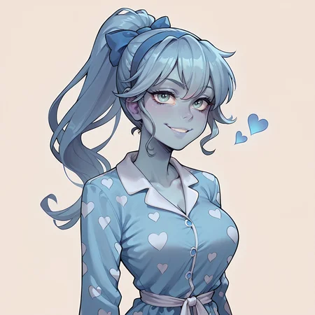 score_9, score_8_up, score_8, score_7_up,score_7, source_anime, rating_explicit, hires, (detailed,best quality:1.2),(<lora:Expressive_H:0.3>), (<lora:JGStyle:0.5>), (<lora:incase-ilff-v3-4:0.7>),1girl, solo (((skinny:1.3))), narrow waist, thin, petite, <lora:pollygeist-guy-PONYv1:0.8> , pollygeist, blue skin, large breasts, portrait, close-up, smug, high ponytail, blue eyes, full face, blue hair, <lora:BluePrintedPajama:0.7> , Jed-blupa, 1girl, bluepajama, white hearts on pajama, blue ribbon hairband , barefoot,