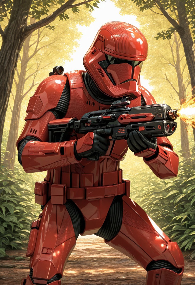 detailed background, cowboy shot, solo, 1boy, SithTrooper, red armor, red helmet, black visor, holding st-w48 blaster riffle in hands, on knees, aim weapon, blaster firing, Star Wars forest scenery,  detailed scenery, masterpiece, best quality, very aesthetic, newest, masterpiece, best quality, amazing quality, very aesthetic, absurdres, newest,, high res, ultra detailed, best quality, best artwork, 4k, ultra quality, perfect face, absurdres,masterpiece,best quality,amazing