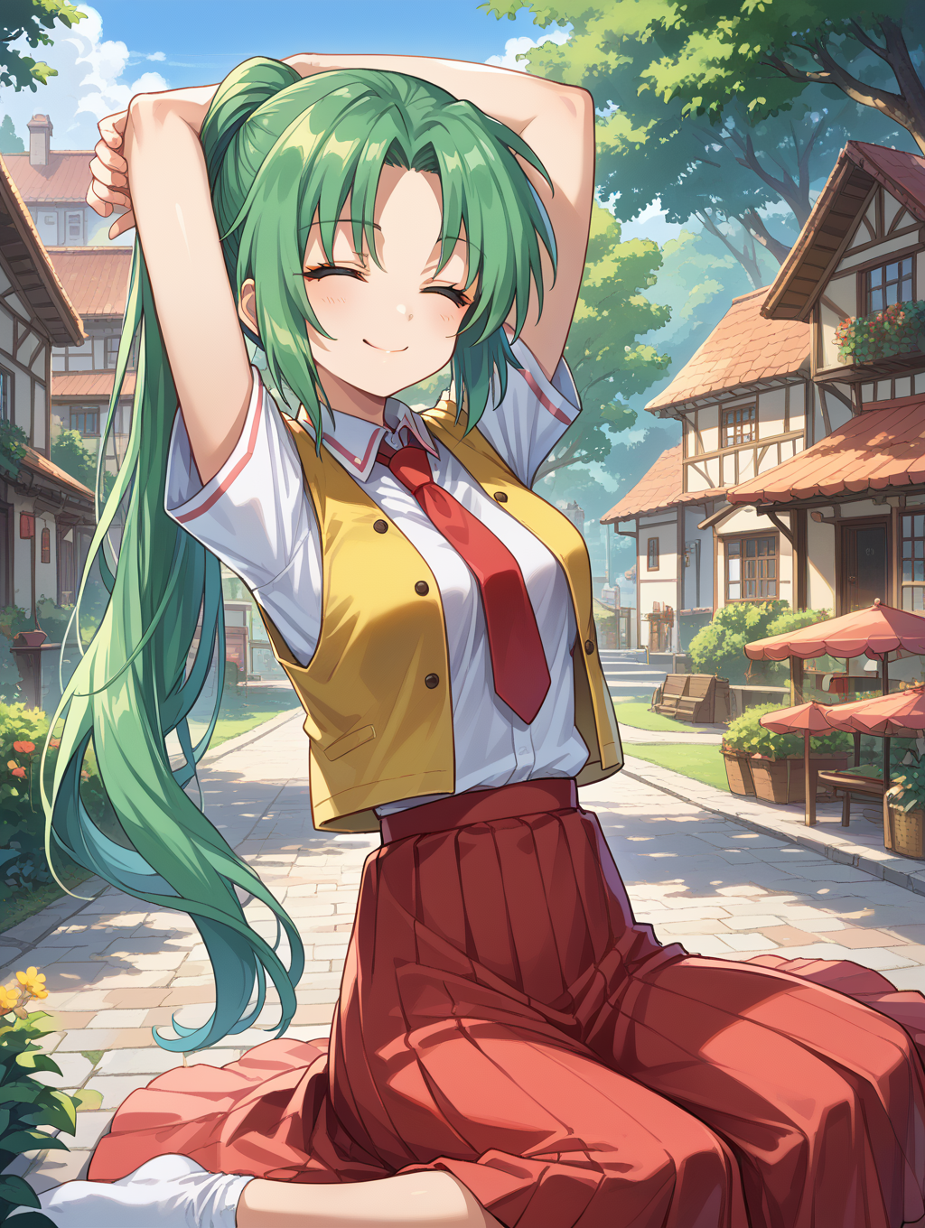 score_9, score_8_up, score_7_up,source_anime,BREAK,
Sonozaki_mion,  white shirt, red necktie, yellow vest, red skirt,
long hair, sitting, closed eyes, head up, outdoors, village, stretching,( arms up:0.9),  light smile, 
<lora:Sonozaki_mion:1>