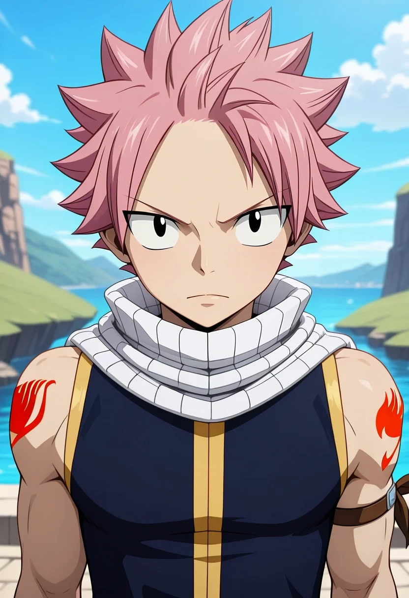 masterpiece, best quality, , (3d:0.4), looking at viewer, 1boy, solo, male focus, <lora:natsu_dragneel_ilxl:0.98>, natsu_dragneel, pink hair, black eyes, spiked hair, , , ,