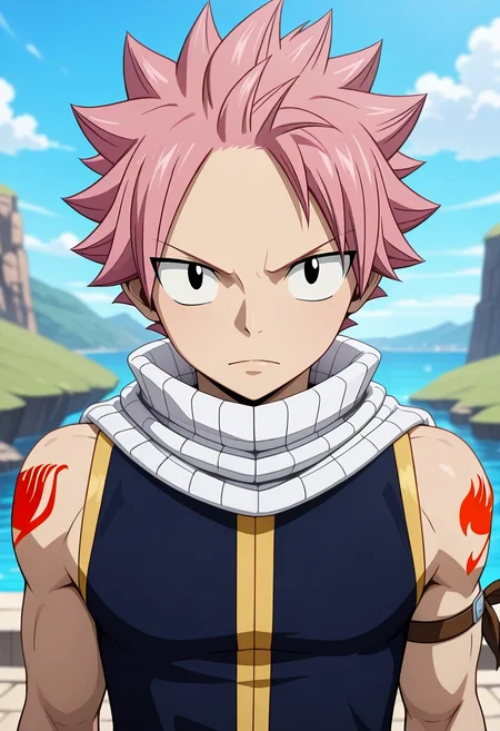 masterpiece, best quality, , (3d:0.4), looking at viewer, 1boy, solo, male focus, <lora:natsu_dragneel_ilxl:0.98>, natsu_dragneel, pink hair, black eyes, spiked hair, , , ,
