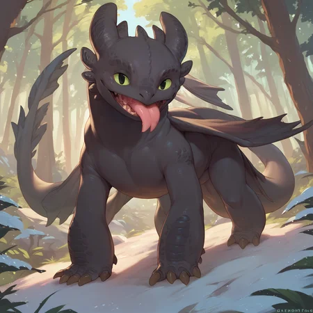 <lora:Toothless_HTTYD_v2:1> t00thl3ss, score_9, score_8_up, score_7_up, score_6_up,smile, tongue out, looking at viewer, forest, outside, day, sky, forked tongue, all fours, sharp teeth, open mouth, featureless crotch, black skin, black body,