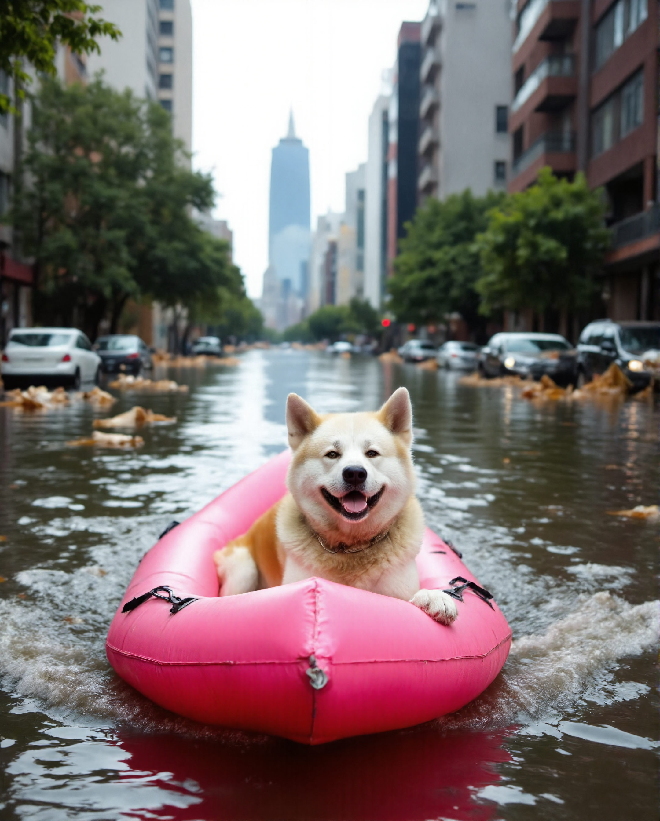 Imagine an image in the style of cinematic photorealism: A joyful Akita Inu dog named Yujin, happily navigating the flooded city streets in a pink flamingo inflatable boat. Yujin is smiling contentedly as he passes by half-submerged vehicles and debris. The boat's wake creates ripples that distort the reflection of a distant, partially flooded skyscraper., <lora:flux\personas\YujinLiz.safetensors:1.0:1.0> <lora:flux\estilos\Flooded_Streets_Flux.safetensors:1.0:1.0> <lora:flux\estilos\PCB_Image_Enhancer_for_FLUX.safetensors:1.0:1.0>