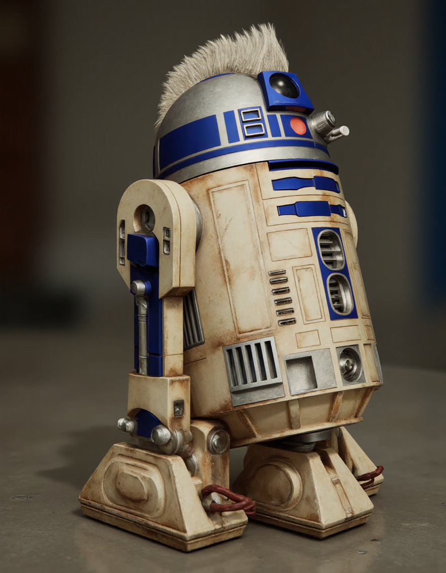 realistic photo of a r2d2 with a mohawk hairstyle,  ultra high quality, sharp focus, highly detailed,<lora:r2d2:1> <lora:Meta_Punk_V2:1>