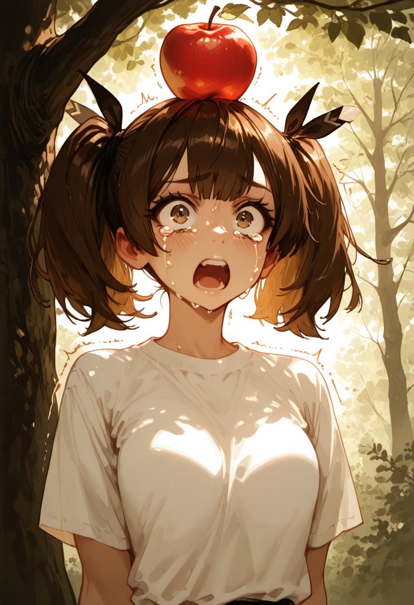 masterpiece, best quality, very aesthetic, absurdres, ambient light, soft light, SagawaStyle, Rapscallionstyle,
 1girl, solo, short hair, standing straight, white tshirt, a apple on top of her head, paniced, shocked, large eyes, tears in eyes, standing in front of a large tree, arrows on tree, arrowtails on tree near girls, arrows near girl's head, shaking body, sunny, front view, upper body,