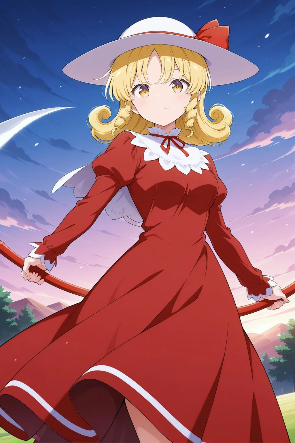 absurdres, highres, masterpiece, best quality, amazing quality, official anime artwork, screencap, anime screencap, outdoors, looking at viewer, light smile, dynamic pose, standing,
<lora:Elly_Illustrious:1> elly, 1girl, solo, yellow eyes, blonde hair, curly hair, short hair,, white hat, hat ribbon, red ribbon, red dress, neck ribbon, long sleeves, holding scythe,