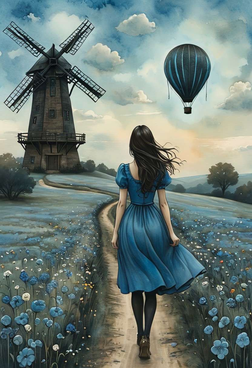 (water-colored), illustration, style of Jessica Galbreth,
(far view, far shot, rear view, facing away:1.3),
(Alice, woman walking on a trail, very long dark brown hair,  hair rim lighting, blue maid dress with short sleeves:1.2), black tights,
fog, dreamy, dream,
(field of flowers, big old windmill, one air balloon in the sky:2)