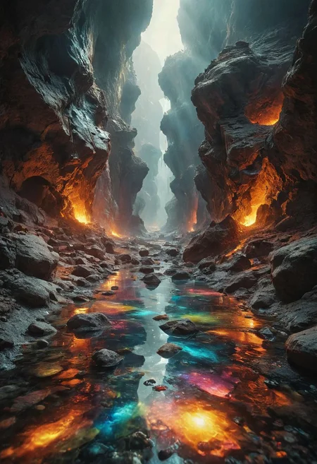 Giant alien canyon made with crystalline carapace, iridescence color, fine reflection, water on the floor, reflections, intricate complexity details, parts made with crystalline rainbow colors, giant blacks stones, myst, volumetric lighting, rim light,
Wide range of colors., fire and ice, Dramatic,Dynamic,Cinematic,Sharp details
Insane quality. Insane resolution. Insane details. Masterpiece. 32k resolution.