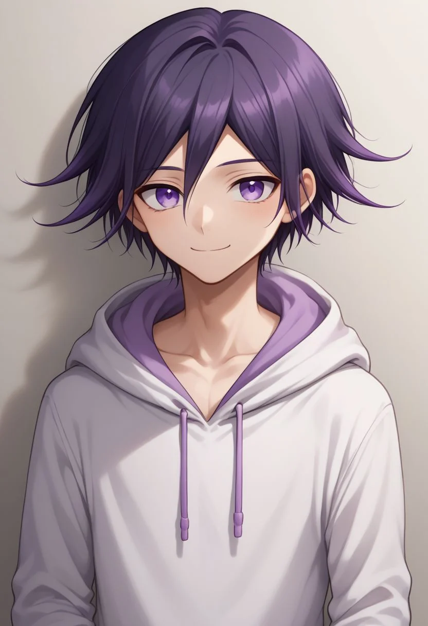 score_9, score_8_up, source_anime, highly detailed, 1boy, solo, skinny, cute, short,
kokichi, male focus, 1boy, solo, purple eyes, bangs, purple hair, upper body, hoodie, hood, smile, closed mouth,
indoor,