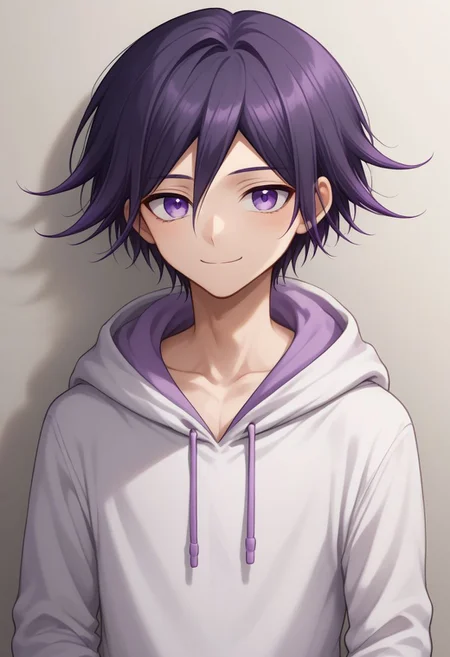 score_9, score_8_up, source_anime, highly detailed, 1boy, solo, skinny, cute, short,
kokichi, male focus, 1boy, solo, purple eyes, bangs, purple hair, upper body, hoodie, hood, smile, closed mouth,
indoor,