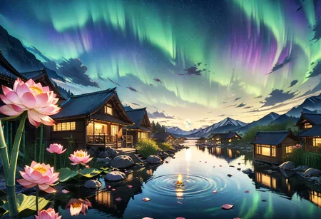 cinematic, (masterpiece), (best quality), (ultra-detailed), very aesthetic, illustration, perfect composition, intricate details, absurdres, (anime, masterpiece, intricate:1.3), (best quality, hires textures, high detail:1.2), (4k),(incredibly detailed:1.4)
houses near hot spring, mist, rocks, Peony, glittery mist, moonlight, sky, lots of stars in the sky, water reflections of the night sky, (bamboo), aurora, lotus floating on water with candle, flower petals in the water, moon in the sky, Anime art style, <lora:more_details:0.5>