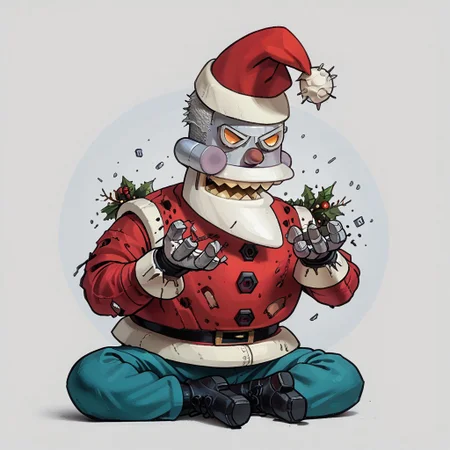 score_9, score_8_up, score_7_up, score_6_up, rating_safe,
r0b0t_s4nta_c1aus, solo, santa hat, santa_costume, pants,  christmas headwear, christmas clothing, solo, laughing manically, crushing present under foot,
simple background,