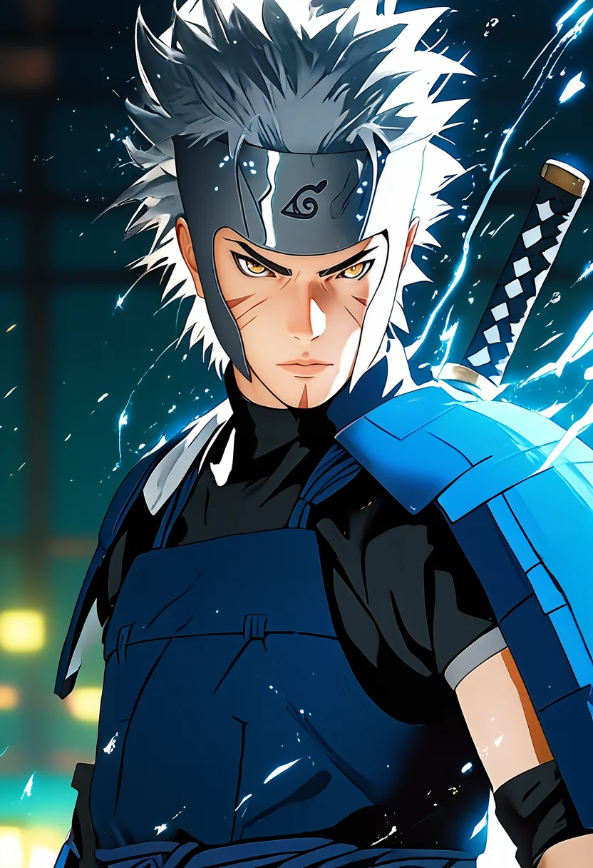 score_9, score_8_up, score_7_up, (masterpiece:1.2), (best quality:1.3), source_anime, <lora:Tobirama Senju - V1:0.8> 1boy, senju tobirama, grey spiky hair, forehead protector, blue armor, facial mark, ninja, <lora:Anime Style (Vauxz) PONY:0.8> hydrokinesis, <lora:brave-perspective:0.55> brave perspective, holding sword, low-key lighting, lo-fi, dark, glow, dynamic cinematic lighting, ray_tracing, global illumination