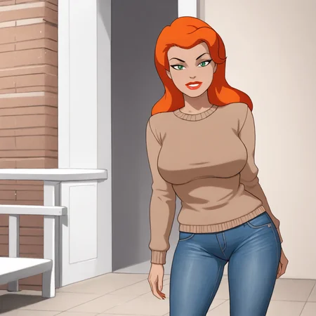 <lora:poisonivybtas_pony_v1:.8>PoisonIvy, 1girl, large breasts, green eyes, red hair, makeup, lipstick, long hair, red lips, sweater, jeans