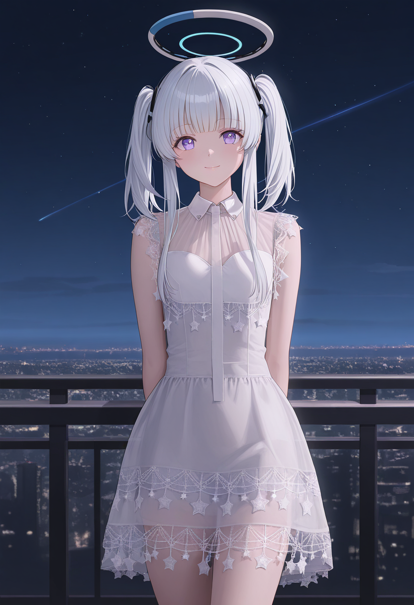 masterpiece,best quality,ultra high res,photorealistic,8K UHD,hyper-detailed,
1girl,solo,
noa_\(blue_archive\),
purple eyes,white hair ,mechanical halo，
Komako Semenobitch,white hair, twintails, blue_eyes,flat chest, short body,
sleeveless star print dress,
star \(symbol\),see-through,ribbon,short_dress, 
cowboy_shot,
(cityscape:0.7),blustar_sky, 
standing,night,looking_at_viewer,light_smile,closed on eye,arms_behind_back,    

 






