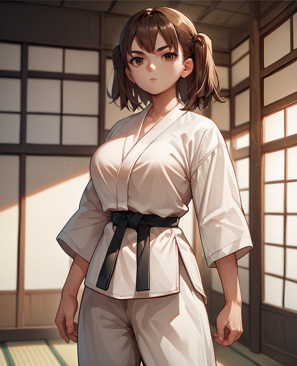 score_9,score_8_up,score_7_up,score_6_up,score_5_up,score_4_up,
shikkidm,brown eyes,brown hair,medium hair,(twintails:0.9),
dougi,standing,looking at viewer, large breasts,  
dojo,midshot,black belt,
<lora:shikkiDYWMxl-12:1>,