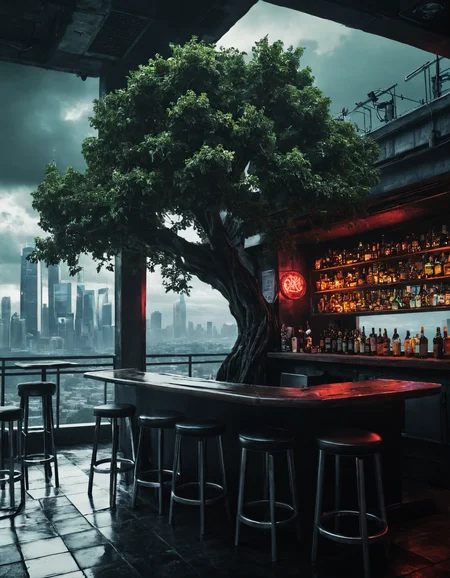 <lora:r0k00g00th:1>,r0k00g00th,r0kur3&l1tyHD. cyberpunk art,, a bar with stools and a tree in the middle of it with a city view in the background [2], prompt . ,weather, (overcast:1.5), full cloud cover, blocking most sunlight, blocking all sunlight,,
