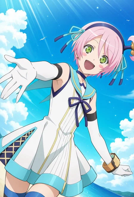 ocean, clouds, day,
open smile, reaching out, blush stickers,
cowboy shot , dynamic angle,
looking at viewer,
BREAK,
<lora:kanonnoEX_illustriousXL_v01:0.9>
kanonnoedef, kanonno earhart, pink hair, short hair, green eyes, ponytail, bow hairband,
white dress, sailor collar, sleeveless dress, elbow gloves,
black thighhighs,, source_anime, very aesthetic, anime coloring, masterpiece,
best quality, amazing quality, ultra detailed, very aesthetic,
detailed background,
BREAK,