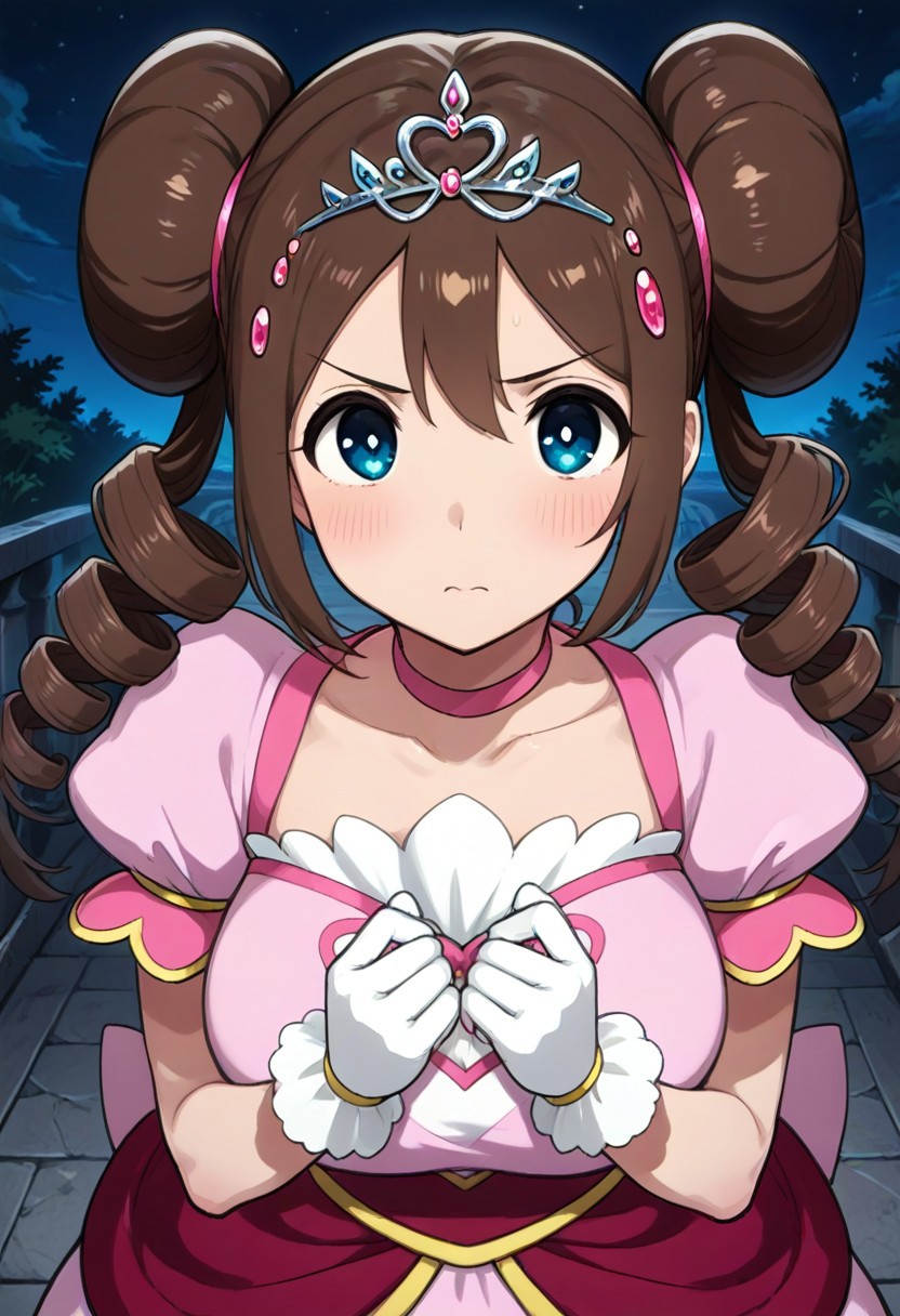 2d, masterpiece, best quality, amazing quality, 1girl, (solo), standing, night, sky, ,prinrosa, brown_hair, blue_eyes, double_bun, twin_drills, collarbone, pink_dress, very_long_dress, short_sleeves, white_gloves, tiara, close-up, upper body
