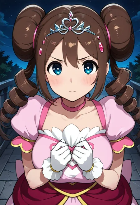 2d, masterpiece, best quality, amazing quality, 1girl, (solo), standing, night, sky, ,prinrosa, brown_hair, blue_eyes, double_bun, twin_drills, collarbone, pink_dress, very_long_dress, short_sleeves, white_gloves, tiara, close-up, upper body