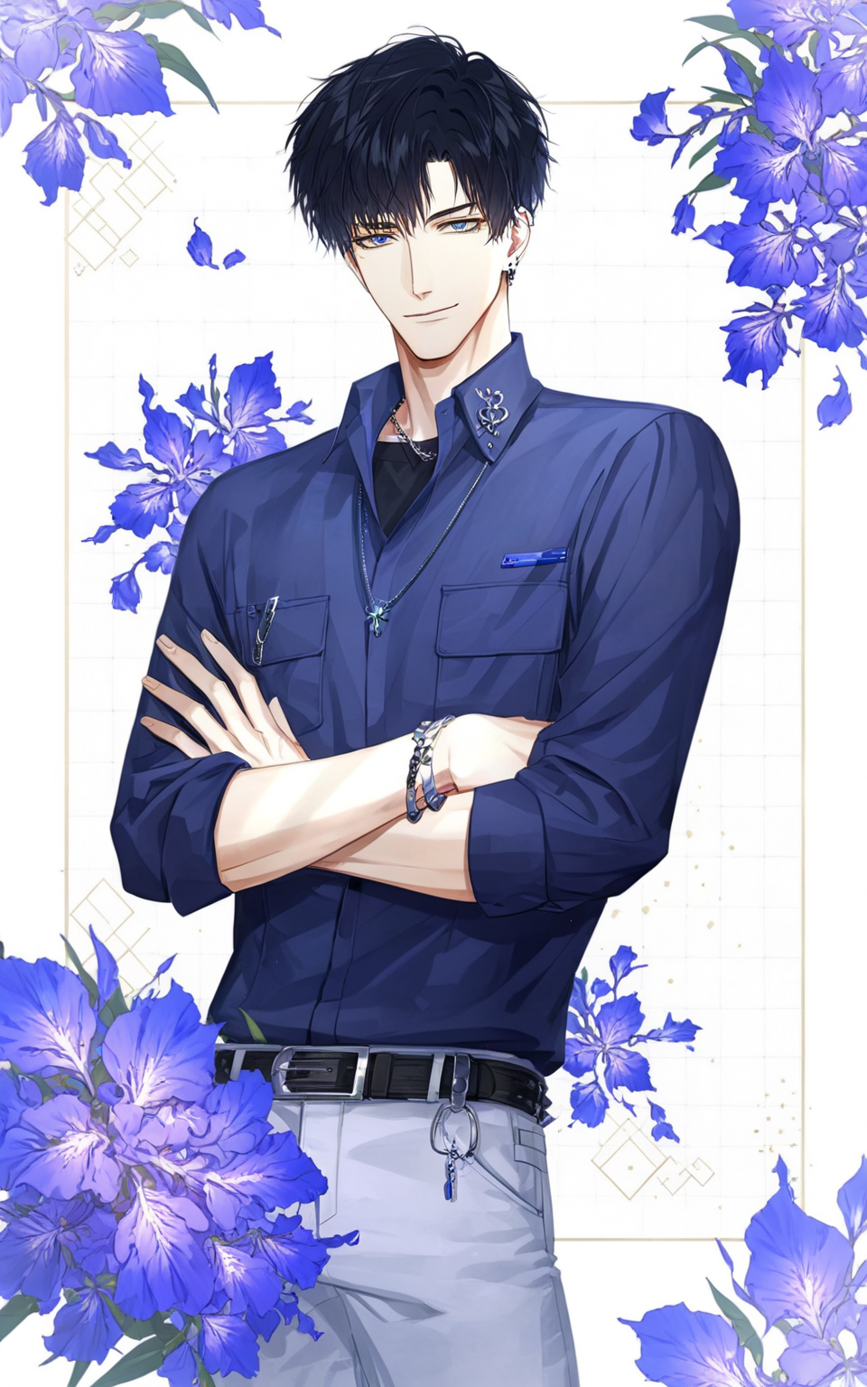 8k, best quality, masterpiece, (ultra-detailed), 
smile, (standing, medium shot, looking at viewer, white background, clean background:1.5), (pseudo-impasto:0.7), (by ask:0.5), (by rella:0.3), (by mochizukikei:0.3), high resolution, intricate details, solo, close up shot, 
<lora:xiaoyi-neta-Tanger-000014:0.8>, 1boy, xiaoyi, male focus, flower, solo, crossed arms, belt, shirt, black hair, bracelet, jewelry, pants, looking at viewer, pocket, short hair