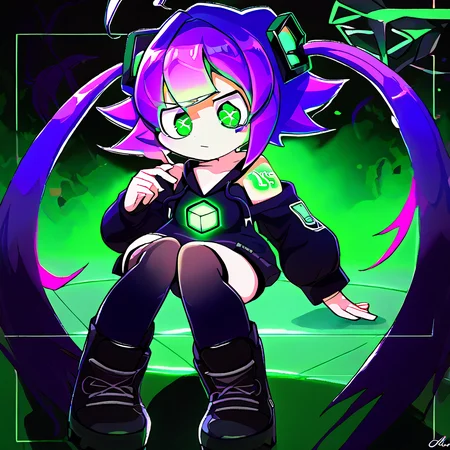 <lora:5:1.2>, vibrant colors, <lora:ICoN:0.8> IC0n, purple hair, twin tails, ahoge, green eyes, black hoodie, open shoulders, black tighhighs, black boots, glowing green cube on chest, glowing green tattoos on shoulders
