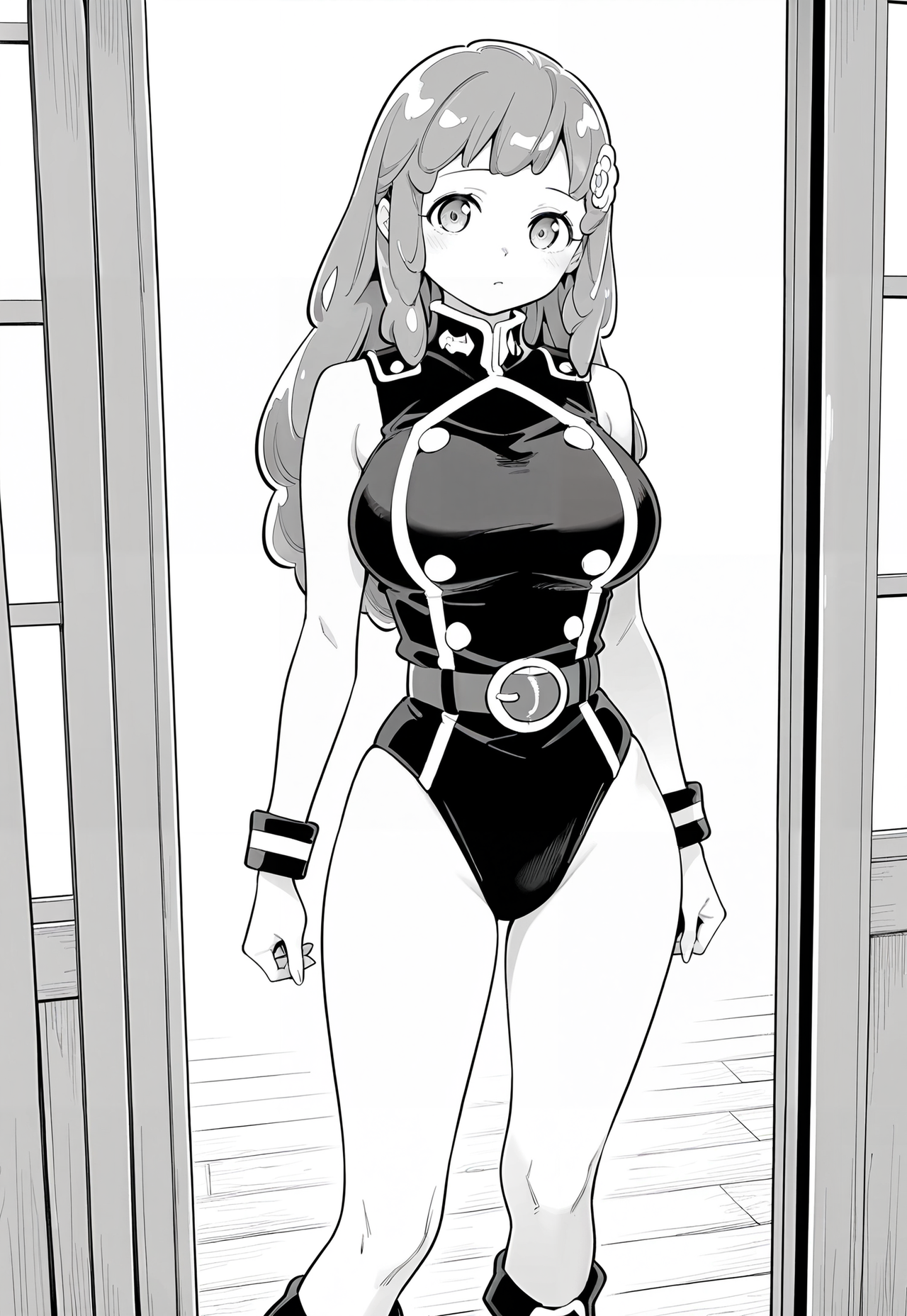 monochrome, masterpiece, best quality, amazing quality, 1girl, solo, sahara wakasa, long wavy hair, rounded bangs, soft eyes, hair clip, large breasts, wide hips, black one piece sleeveless military uniform with trim and buttons, low waist black leotard bottoms, belt with buckle, black shin height boots with trim and buckle, black wristbands with trim, standing, soft expression, looking at viewer
