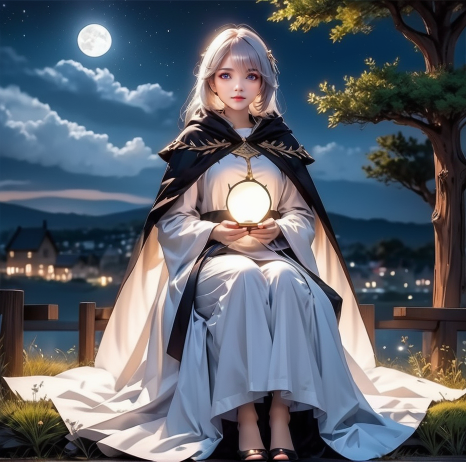 1girl, cloak, colored skin, dark fantasy, dress, long hair, looking at viewer, night, outdoors, own hands together, red eyes, sitting, sky, tree, white hair