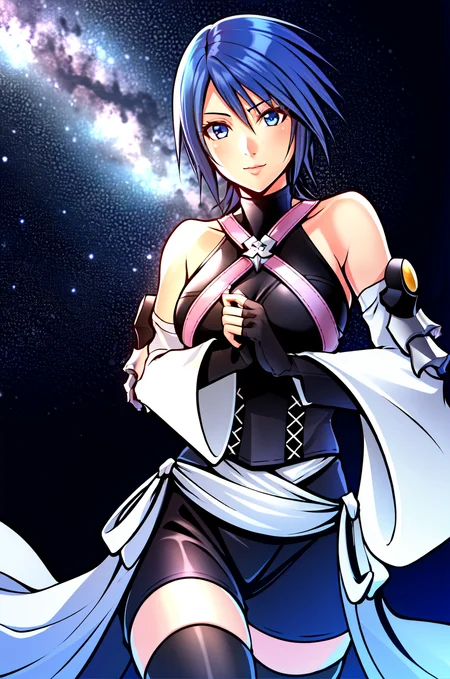aqua \(kingdom hearts\), 1girl, absurdres, nomura tetsuya, close up, masterpiece, blue eyes, blue hair, breasts, chest strap, elbow gloves, gloves, highres, (skirt), (kingdom hearts), looking at viewer, gaping mouth, solo, night, starry sky, wide sleeves, medium breasts, detatched sleeves, black shorts , fingerless gloves, dark background, (thighhighs), darkness
<lora:aqua:0.60> <lora:nomura_tetsuya_offset:1>