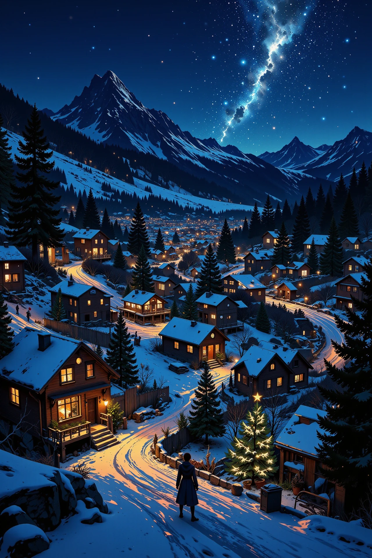 a village at christmas beautiful  landscape, bright luminous night, woman, very intricate, very detailed, sharp, bright, colorful, <lora:Hand v2:0.5> <lora:Anti-Blur:1><lora:Insane Detail Slider:0.25>  <lora:flux.1_lora_flyway_Epic-detail_v2:0.3> <lora:fluxenhancer:0.25> <lora:ROWER:0.8> <lora:Anime art - Variant 3:0.6> Anime art