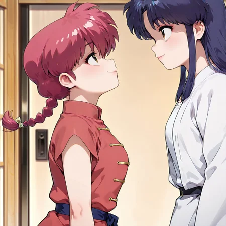 masterpiece,best quality,amazing quality,very aesthetic,absurdres,newest, huge filesize,
<lora:spo_sdxl_10ep_4k-data_lora_webui:0.5>,
<lora:add-detail-xl:1>
1girl ranma, long_hair,red_hair, braided_ponytail, green eyes,
1girl akane, low-tied_long_hair, sidelocks, blue_hair, hair_bow, brown_eyes
(from side,side view), seductive smile,
open clothes, looking each other, looking up, focus on face, heads at center of frame