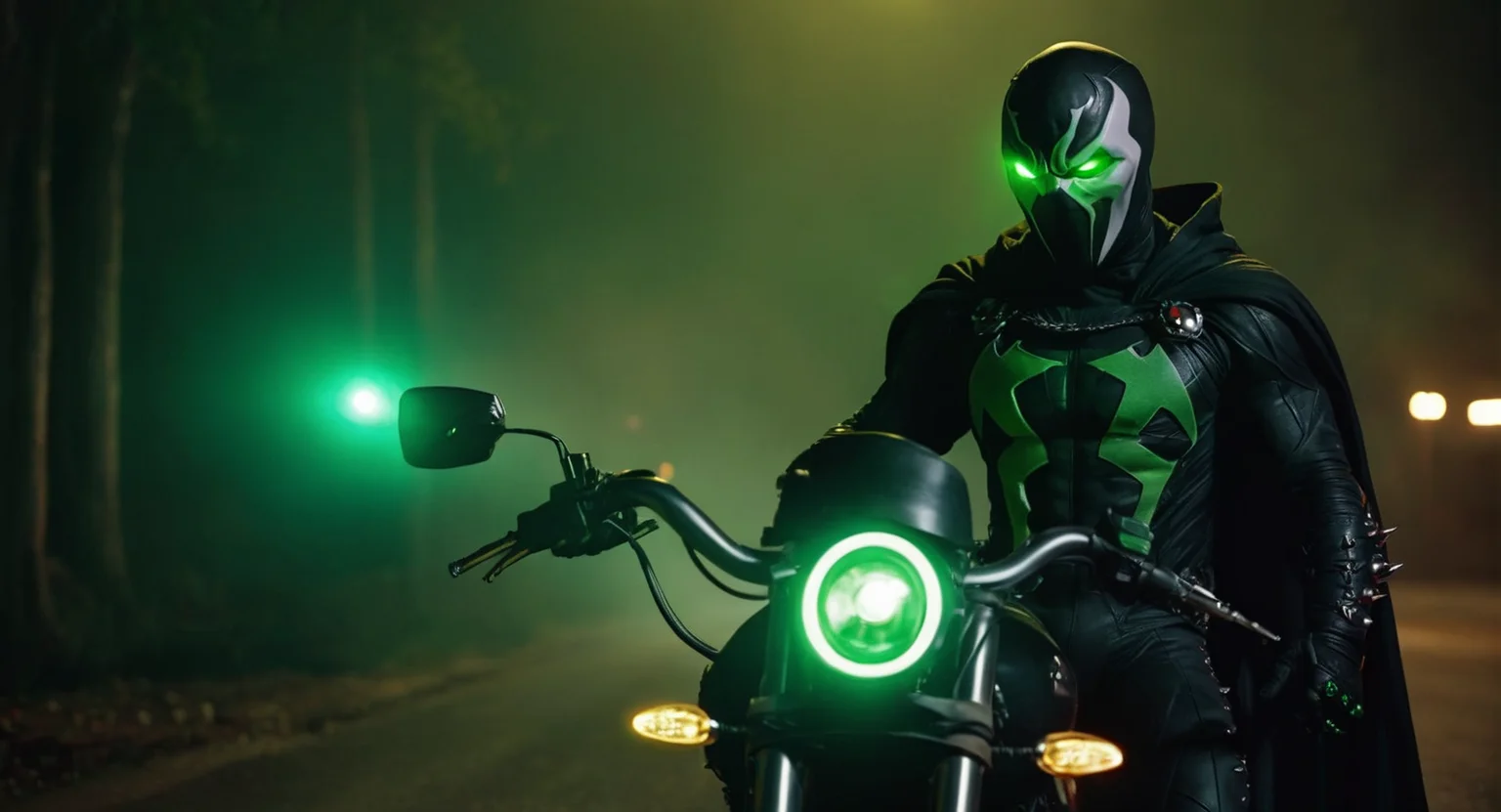 Dark Fantasy Art of (Cinematic Film stock footage style) in (arri alexa style) (Kodak film print style),
<lora:Spawn:1>
Spawn a man in a black living symbiotic costume suit standing next to a motorcycle with a glowing green eyes, dark, moody, dark fantasy style