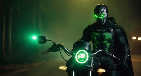 Dark Fantasy Art of (Cinematic Film stock footage style) in (arri alexa style) (Kodak film print style),
<lora:Spawn:1>
Spawn a man in a black living symbiotic costume suit standing next to a motorcycle with a glowing green eyes, dark, moody, dark fantasy style