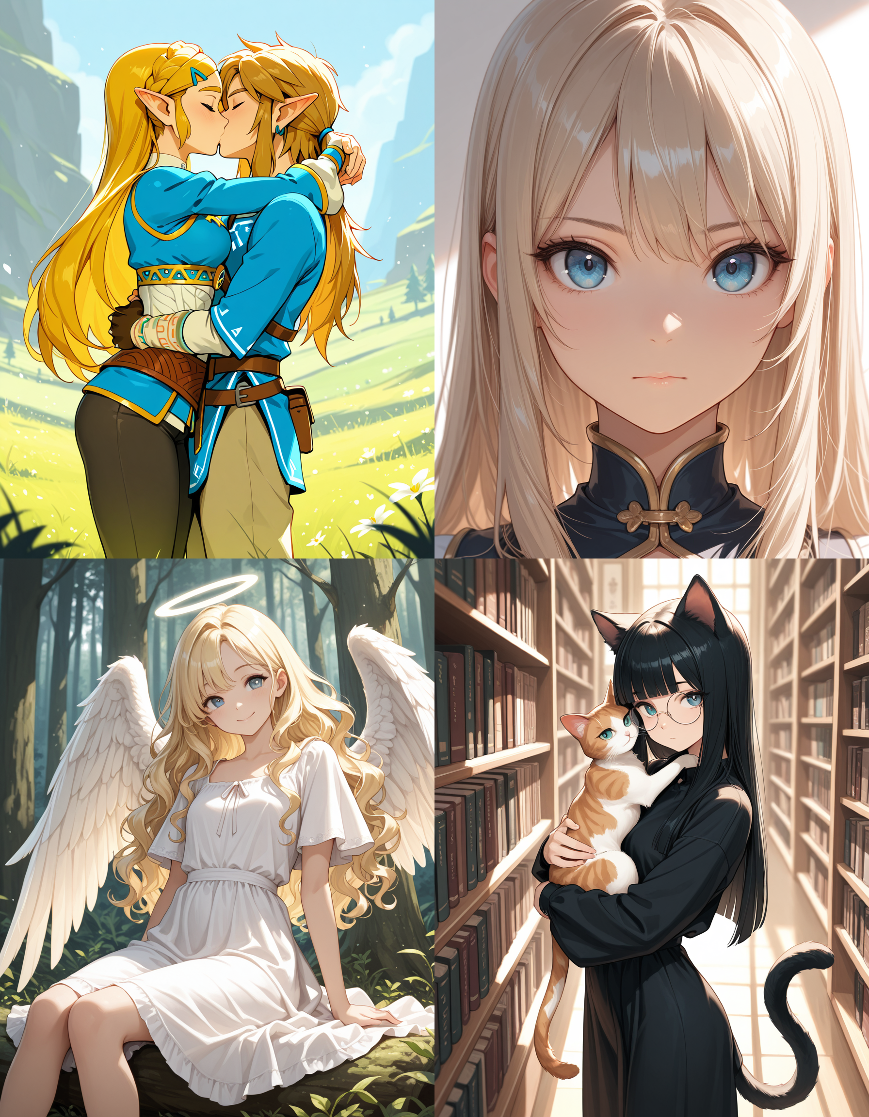 https://civitai.com/articles/8642 __ 1st image: masterpiece, best quality, 1girl, 1boy, princess zelda, the legend of zelda: breath of the wild, standing, kiss, hug, closed eyes, outdoors __ 2nd image: masterpiece, best quality, 1girl, face, portrait, looking at viewer, closed mouth __ 3rd image: masterpiece, best quality, 1girl, solo, blonde hair, wavy hair, angel, angel wings, halo, smile, sitting, forest, white dress __ 4th Image: masterpiece, best quality, 1girl, solo, long hair, black hair, blunt bangs, straight hair, round eyewear, cat girl, cat ears, cat tail, standing, hug, cat, looking at viewer, library