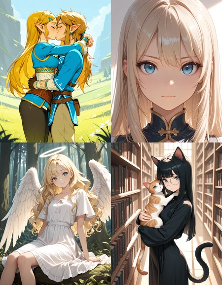 https://civitai.com/articles/8642 __ 1st image: masterpiece, best quality, 1girl, 1boy, princess zelda, the legend of zelda: breath of the wild, standing, kiss, hug, closed eyes, outdoors __ 2nd image: masterpiece, best quality, 1girl, face, portrait, looking at viewer, closed mouth __ 3rd image: masterpiece, best quality, 1girl, solo, blonde hair, wavy hair, angel, angel wings, halo, smile, sitting, forest, white dress __ 4th Image: masterpiece, best quality, 1girl, solo, long hair, black hair, blunt bangs, straight hair, round eyewear, cat girl, cat ears, cat tail, standing, hug, cat, looking at viewer, library