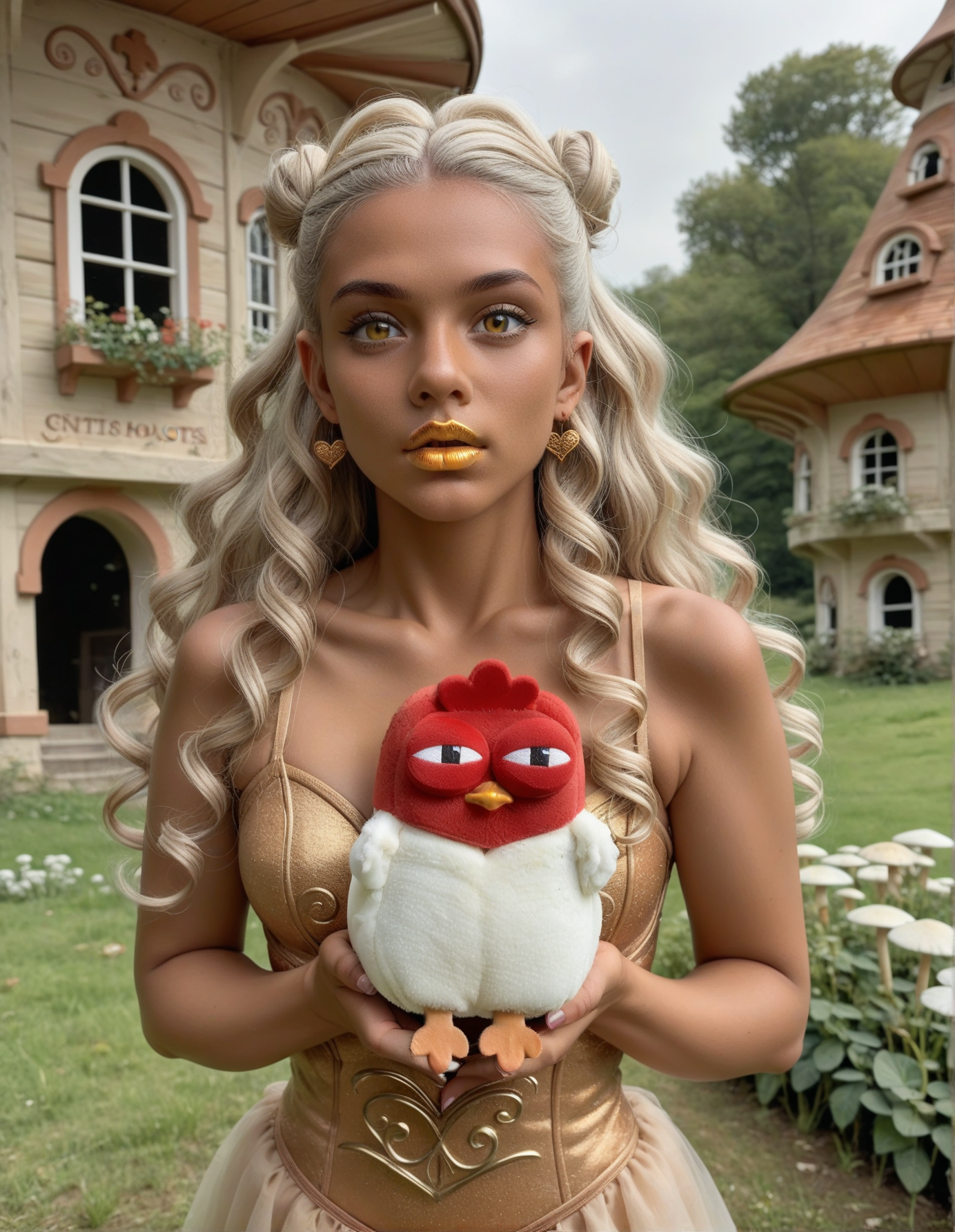 score_9, score_8_up, score_7_up, score_6_up, score_5_up, score_4_up, 1girl, solo, gargoyle, vampire, centaur, Alchemist with a book of ancient spells, Artist, Tall, Firm, Heart-Shaped Face, Tan Skin, White Hair, Amber Eyes, [[Curved Nose]], Pouty Lips, Round Chin, Long Hair, Curly Hair, Ballerina Bun, perky breasts, , golden satin lipstick, Mermaid's Chariot, Mushroom House, Magical Springs,  hud_ch1cken_purs3, bird, holding animal, chicken, <lora:purse:0.7>, outdoors