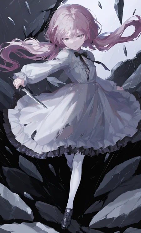 masterpiece,best quality,full body,1girl,solo,looking at viewer,low twintails,large twintails,[pink|white]hair,floating hair,silver eyes,expressionless,white dress,frills,black lace trim,long sleeves,white pantyhose,black cross-laced footwear,torn clothes,reverse grip,holding knife,during an intense fighting,(blood on face:0.5),debris,rain,<lora:HyatsuXLlokr8f:0.9>,