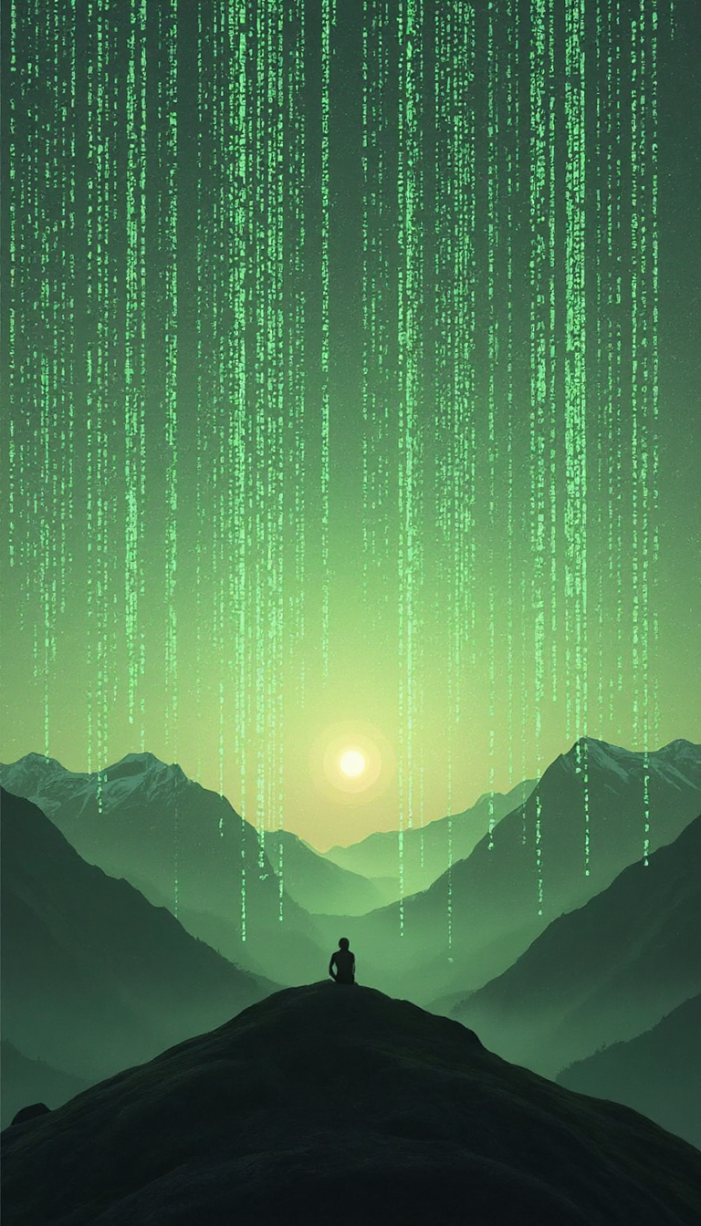 A person sits in silhouette on a mountain peak, bathed in the soft glow of a rising sun, surrounded by a cascading curtain of green binary code raining down from the sky.  The mountains are rendered in a slightly impressionistic style, with soft, hazy forms.  The binary code streams are bright and vibrant, creating a dynamic, almost ethereal feeling. The colors are predominantly dark greens and blacks, with a touch of pale sunrise light.  The person is silhouetted, conveying a sense of mystery and contemplation. Hyperrealistic rendering of the binary code,  with a slightly stylized, almost painterly quality to the mountains.