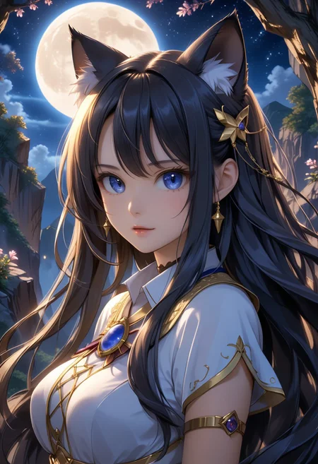 score_9, score_8_up, score_7_up, score_6_up, dynamic, (anime, masterpiece), best quality, (8k), detailed background, sharp focus, intricate, ambient lighting, super high quality, hyper detailed background, cinematic lighting, adult, double tone long hair, medium breasts, verybadimagenegative_v1.3, Moonlit, Starlight Piercing, Silken Shadows, Lunar Whisper, cat ears, cliff, moon