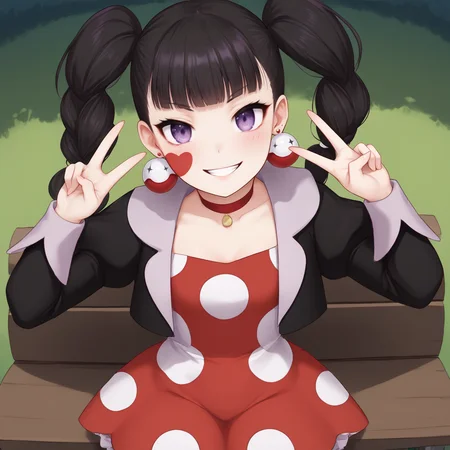 score_9, score_8_up, score_7_up, cowboy shot, from above, 1girl, <lora:Yuika_PXL:1> yuika_mmbn, purple eyes, facial mark on right cheek, black hair, twintails, blunt bangs, clown earrings, red choker, cropped jacket, black jacket, open jacket, juliet sleeves, long sleeves, polka dot dress, red dress, sitting, mischievous, grin, on bench, double v BREAK outdoors, public park