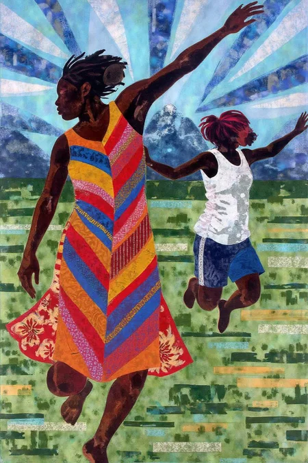 mixed media collage.  
a medium-sized painting captures two African-American women in a flowing flowing dress. The woman on the left is wearing a sleeveless dress with a checkered pattern of red, blue, yellow, and white stripes, while the girl on the right is running with her arms out to the side. The background is a mix of green, blue and white, with a mountain range in the upper left corner of the frame. The girl in the white shirt, and blue shorts, has her arms stretched out, and her head is turned to the right. Her hair is styled in a bob, adding a pop of color to the scene. <lora:ekho_collage_nocap_d6a3e12:1.0><lora:824695401140543187:0>