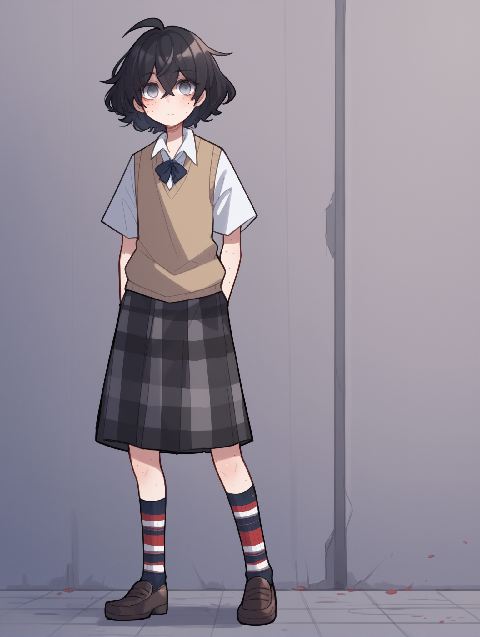 score_9, score_8_up, score_7_up, score_6_up, score_5_up, score_4_up, source_anime, BREAK
1girl, solo, looking at viewer, <lora:PopokaXL:1> popokaxl, black hair, white shirt, sweater vest, plaid skirt, socks, different colored socks, loafers, freckles, grey eyes, empty eyes, blind girl, standing,