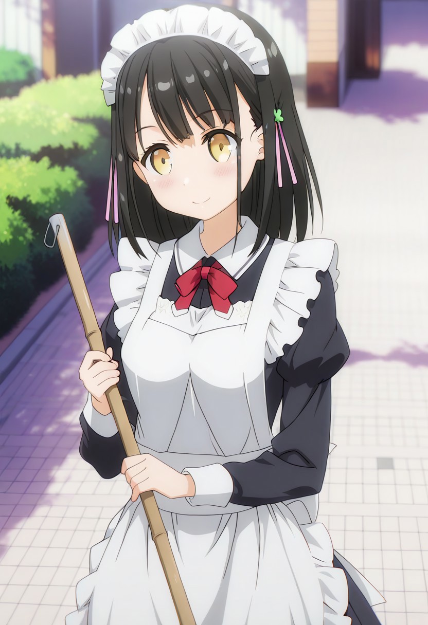 masterpiece, best quality, newest, absurdres, highres, anime,
hanasaka yui, yellow eyes, black hair, hair ornament,
1girl, solo, blush, smile,
maid, maid apron, maid headdress, puffy sleeves,
cleaning, broom,
scenery,