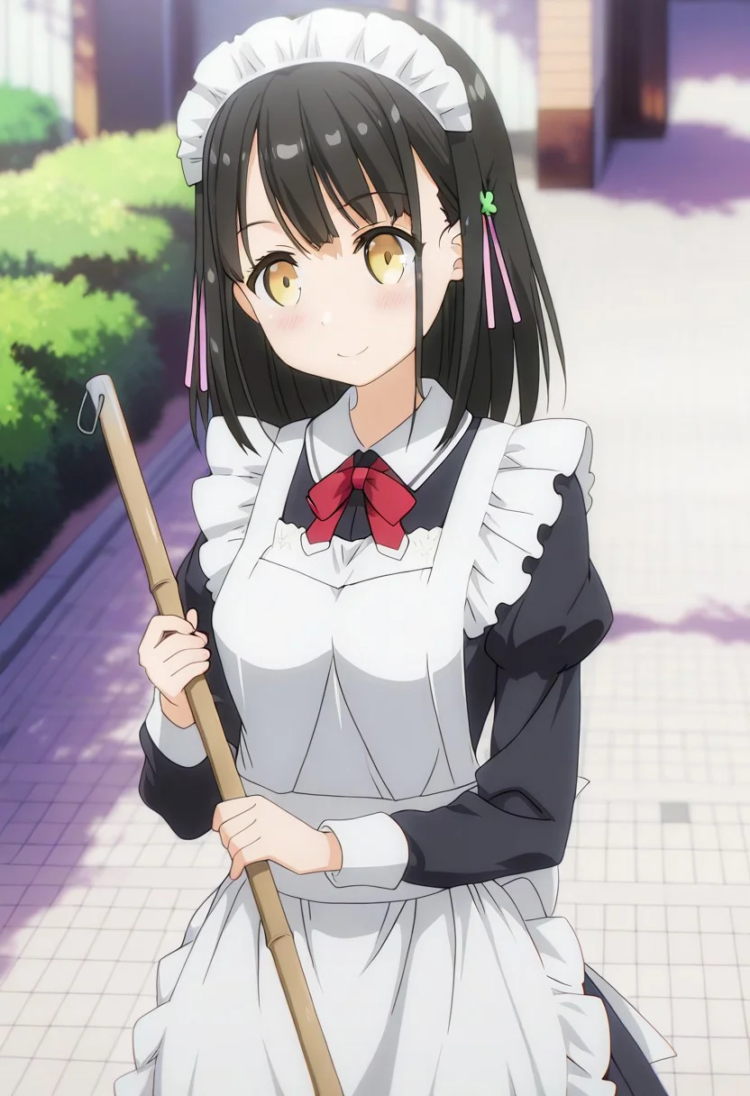 masterpiece, best quality, newest, absurdres, highres, anime,
hanasaka yui, yellow eyes, black hair, hair ornament,
1girl, solo, blush, smile,
maid, maid apron, maid headdress, puffy sleeves,
cleaning, broom,
scenery,