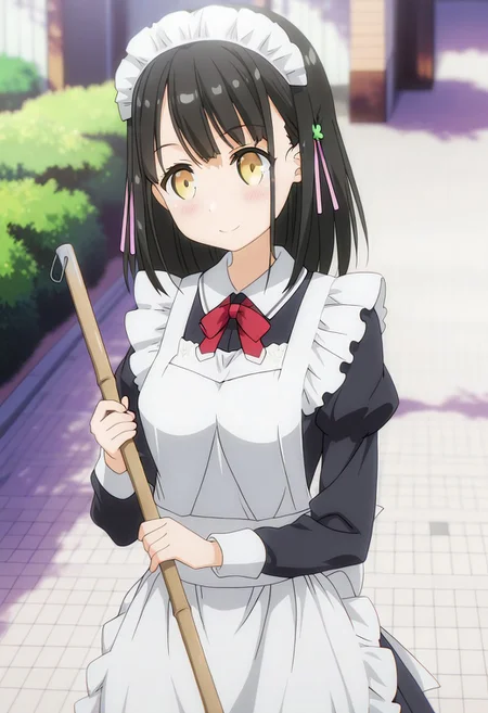 masterpiece, best quality, newest, absurdres, highres, anime,
hanasaka yui, yellow eyes, black hair, hair ornament,
1girl, solo, blush, smile,
maid, maid apron, maid headdress, puffy sleeves,
cleaning, broom,
scenery,