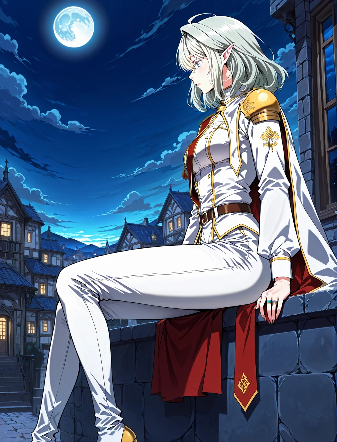 <lora:Alea_Triscan__The_Beginning_After_the_End__Illustrious:1>
1 girl, solo, elf, pointy ears, light blue eyes, grey hair, medium hair, hair behind ear, hair between eyes,ahoge, military uniform, white cape, epaulettes, ring, jewelry, white pants, long sleeves, white thigh boots, thighhighs, high heels, belt, white jacket, red sash
score_9, score_8_up, score_7_up, score_6_up, source_anime, masterpiece, best quality, absurdres, highres, newest, anime coloring <break> 1girl, solo, sitting, on wall, from side, town, night sky, cloud, night, blue moon, <lora:iLLMythG0thicL1nes:1>