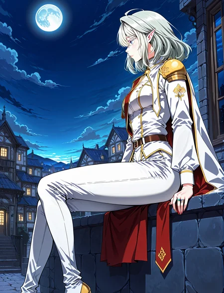 <lora:Alea_Triscan__The_Beginning_After_the_End__Illustrious:1>
1 girl, solo, elf, pointy ears, light blue eyes, grey hair, medium hair, hair behind ear, hair between eyes,ahoge, military uniform, white cape, epaulettes, ring, jewelry, white pants, long sleeves, white thigh boots, thighhighs, high heels, belt, white jacket, red sash
score_9, score_8_up, score_7_up, score_6_up, source_anime, masterpiece, best quality, absurdres, highres, newest, anime coloring <break> 1girl, solo, sitting, on wall, from side, town, night sky, cloud, night, blue moon, <lora:iLLMythG0thicL1nes:1>